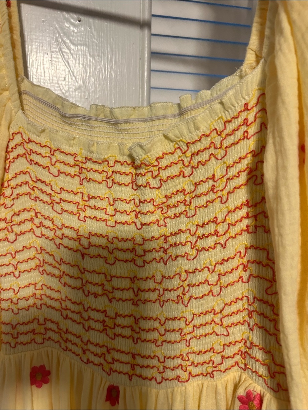 Yellow Smocked Maxi Dress with pinkish-red  Floral Embroidery - Picture 3 of 14